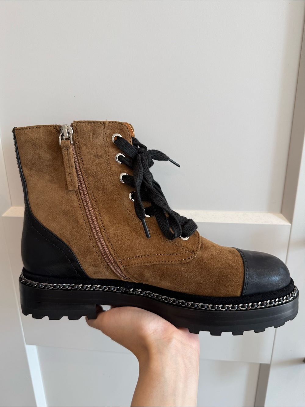 Boutique Brown Suede and Black Leather Lace-Up Combat Boot